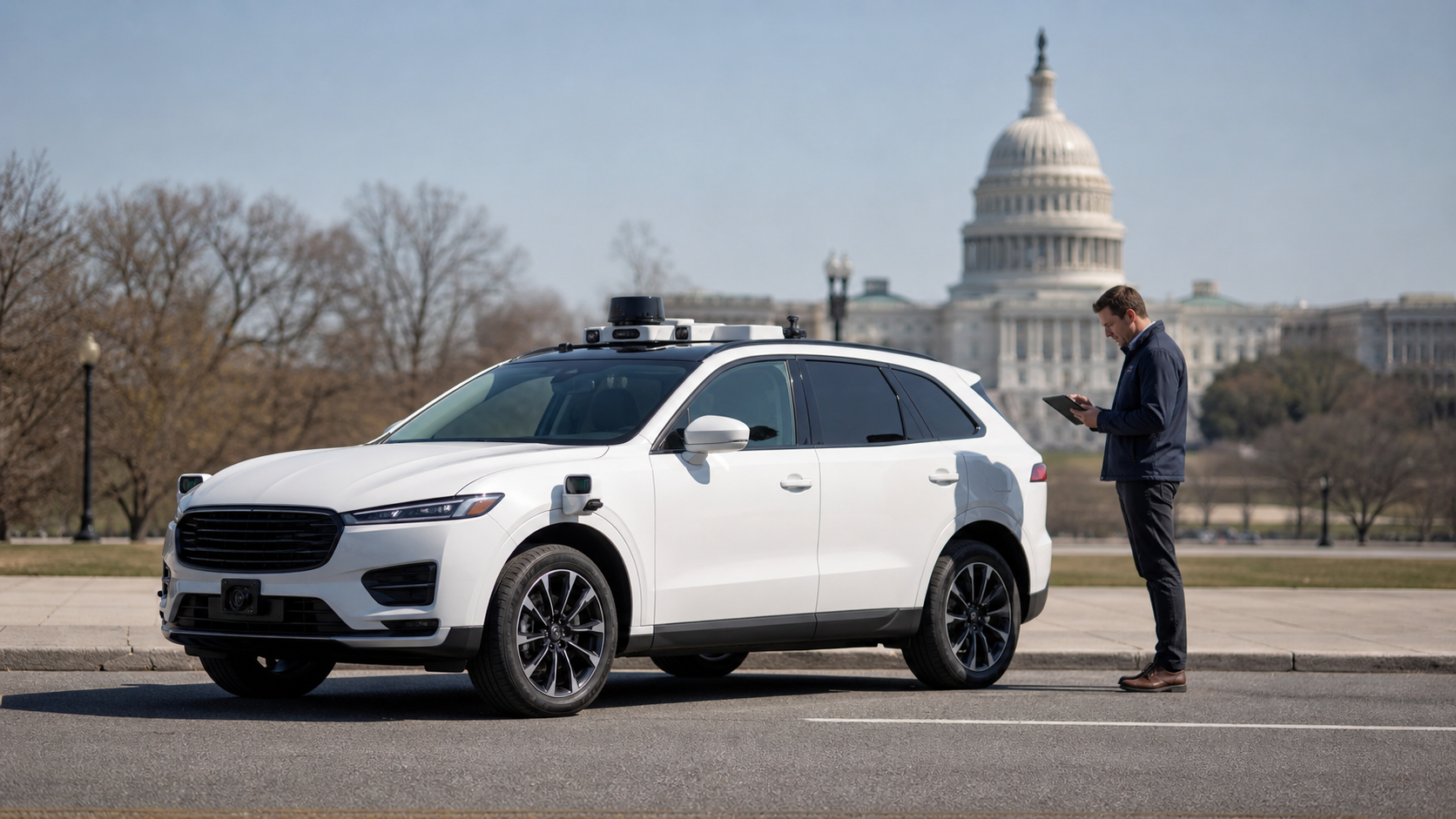 Unbranded connected vehicle undergoing a technology review near the U.S. Capitol