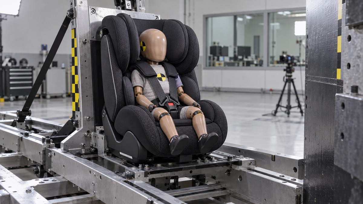 A child crash-test dummy secured in a car seat on a test sled inside a vehicle-safety laboratory.