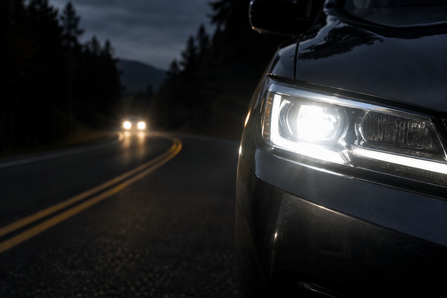 Close-up of an illuminated car headlight beside a two-lane road at dusk.